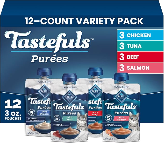 Blue Buffalo Tastefuls Purées Variety Pack Wet Cat Food Complement (Salmon, Chicken, Tuna, Beef) Made with Natural Ingredients, for All Life Stages, 3-oz. Resealable Pouches (12 Count)