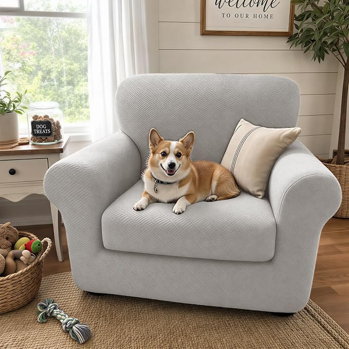 XINEAGE 2026 New 2 Pieces Chair Covers with Arms Super Stretch Chair Slipcover for Living Room Pet Dog Universal Slip Cover Anti Slip Armchair Furniture Protector (Silver Grey), 31"-46"(1 Cushion)