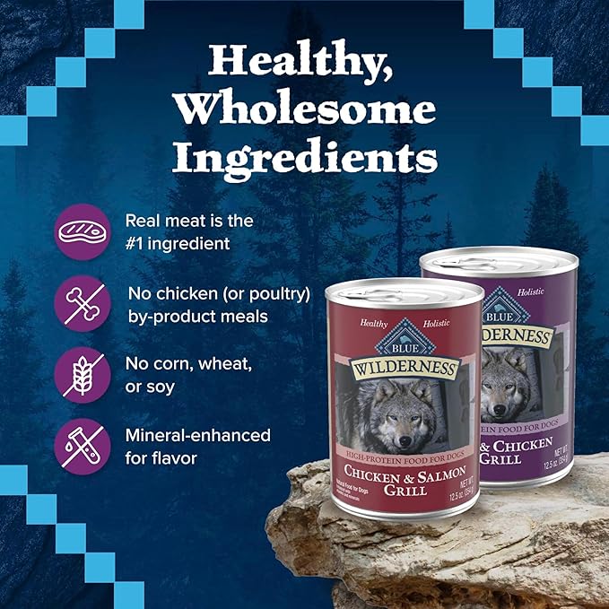 Blue Buffalo Wilderness Adult Wet Dog Food Variety Pack, Beef & Chicken Grill, 32g Protein, and Chicken & Salmon Grill, 35g Protein, Grain-Free & High-Protein, Natural, 12.5-oz. Each (6 Cans)