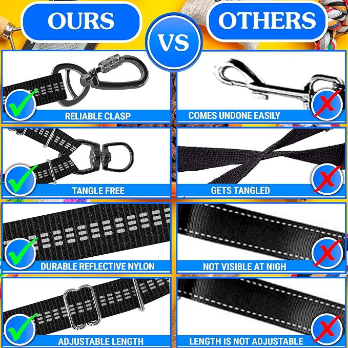 Double Dog Leash – Adjustable Length Long Leash for Dog Training – Dual Reflective Dog Leash with Non-Tangle Design – Heavy Duty Nylon and Metal Buckles – Ideal