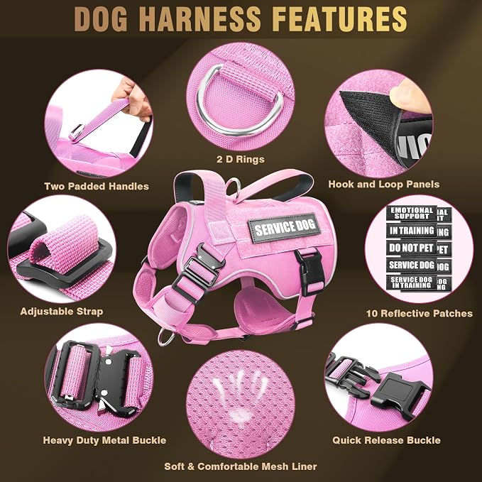 WINSEE Tactical Dog Harness for Medium Dog, Heavy Duty Service Working MOLLE Vest with 10 Pet Patches, 2X Metal Buckle Vest for Training Hunting Walking