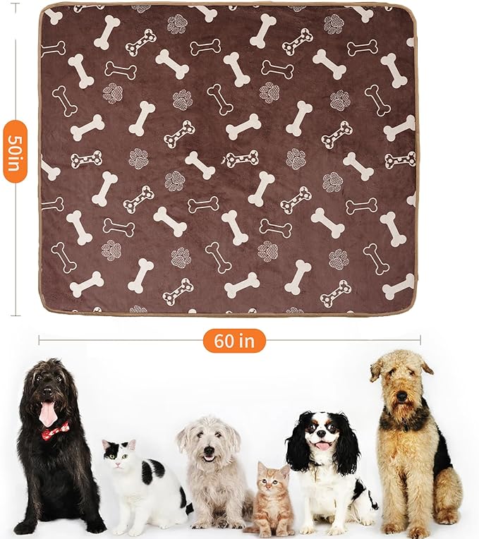 Waterproof Dog Blankets Pet Blanket 50"x60", Soft Fluffy Sofa Car Bed Protector, Reversible Sherpa Fleece Dog Blanket for Large Dogs(Chocolate Brown-Bones)