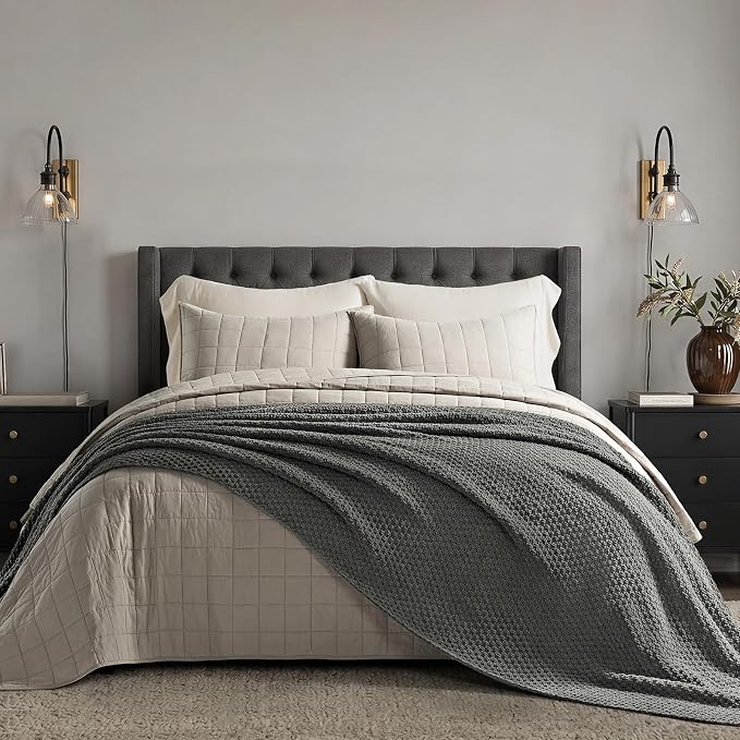 EVERGRACEHOME Chunky Polyester Knit Throw Blanket for Couch, Soft Luxurious Oversized King Moss Stitch Blanket for Bed, Large Cozy Farmhouse Knitted Throw for Sofa, Charcoal Gray, 108" x 92"