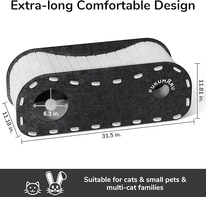 FUKUMARU Cat Beds for Indoor Pets 31.5 Inch, Extra Long Cozy Cat Bed Cave Tunnel for Multiple & Large Cats, Felt Kitten Hideaway House with Fluffy Ball, Scratch Resistant, Warm & Safe, Black