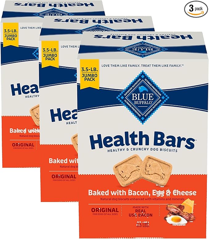 Blue Buffalo Health Bars Crunchy Dog Biscuits, Oven-Baked with Natural Ingredients, Bacon, Egg & Cheese, 3.5-lbs Box (Pack of 3)