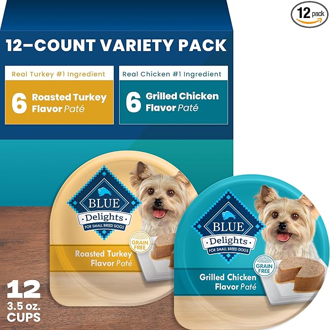 Blue Buffalo Delights Variety Pack Natural Grain Free Wet Dog Food for Small Breed Dogs (Roasted Turkey Flavor Paté and Grilled Chicken Flavor Paté) with Natural Ingredients, 3.5-oz. Each (12 Cups)