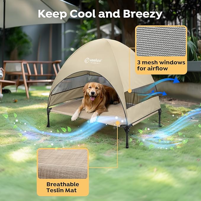 Veehoo Outdoor Dog Bed with Canopy, Cooling Elevated Dog Bed with Removable Shade, Non-Slip Feet, Raised Dog Cot Bed for Large Dogs, Dog Tent Bed for Camping, Beach, Large, Beige Coffee CWC2411