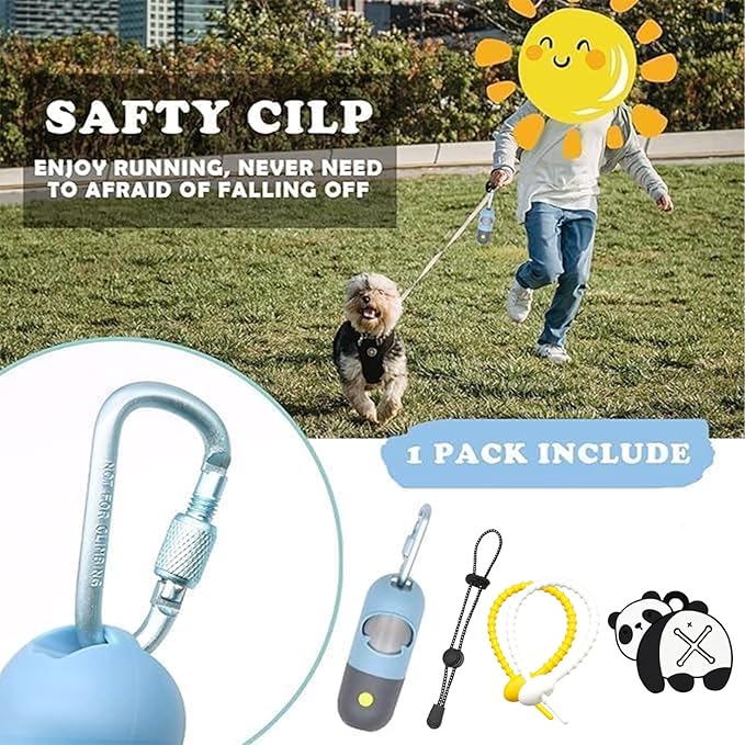 Dog Poop Bag Holder with LED Flashlight for Night Walks,Silicone Tether & Panda Pattern Clip for Used Bags, Hands-Free Metal Leash Carabiner, Includes 15 Scented Waste Bags (Blue)