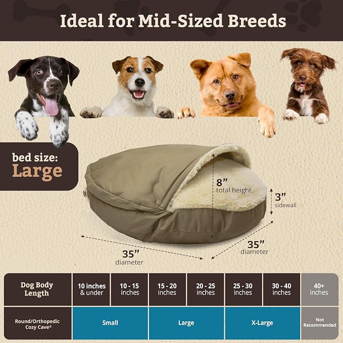 Snoozer Cozy Cave Dog Bed - Indoor Dog Bed with Cover Cave, Covered Calming Burrow for Small & Medium Sized Pets with Blanket Attached, Enclosed, Removable Washable Cover - Large, Khaki