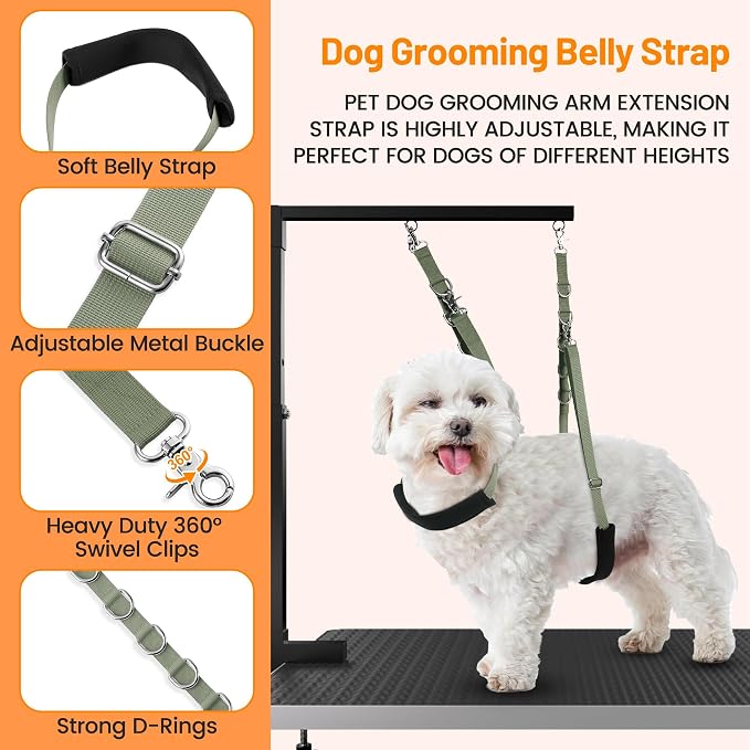 Dog Grooming Belly Strap - Dog Grooming Loops for Table Arm Extender with Clamp Extension Loop Bathing Restraint Leash No Sit Haunch Holder for Small & Medium Dogs Hair Cutting Washing (Army Green)