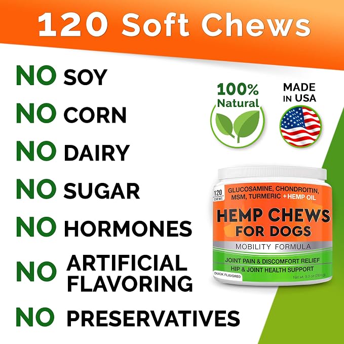 Glucosamine for Dogs Hip & Joint Supplement - Chondroitin, Omega-3, MSM - Joint Health & Pain Relief - Senior & Large Dogs - Made in USA - 120 Count Mobility Chews
