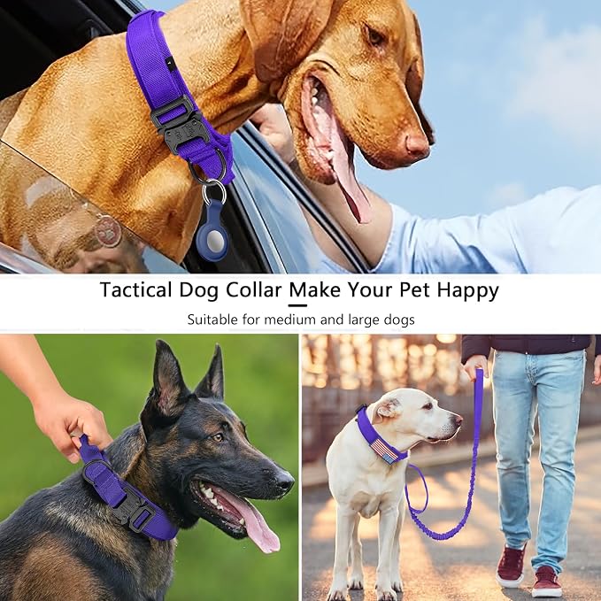 DAGANXI Tactical Dog Collar, Adjustable Military Training Nylon Dog Collar with Control Handle and Heavy Metal Buckle for Medium and Large Dogs, with Patches and Airtags Case (Purple-Set, L)