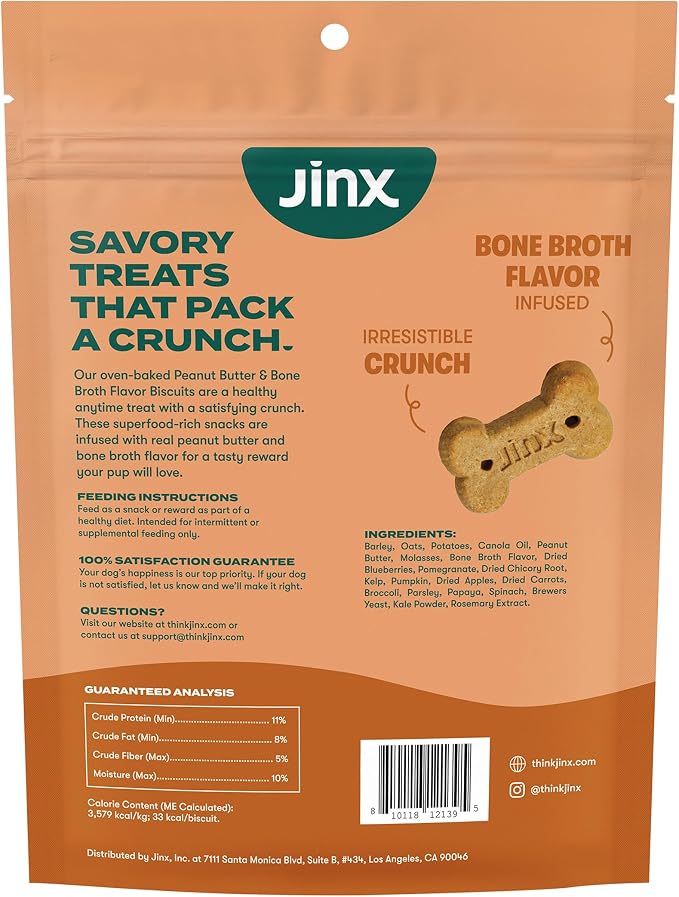 Jinx Oven-Baked Peanut Buter & Bone Broth Dog Biscuits Treats - Crunchy, All Natural, Nutrient Dense Dog Biscuits for Puppies, Adults & Seniors - 16oz
