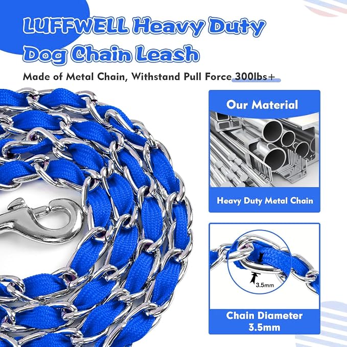 Heavy Duty Metal Dog Chain Leash with Comfortable PU Leather Padded Handle, Chew Proof for Medium Large Pooch Walking Training (6FT 3.5mm Blue)