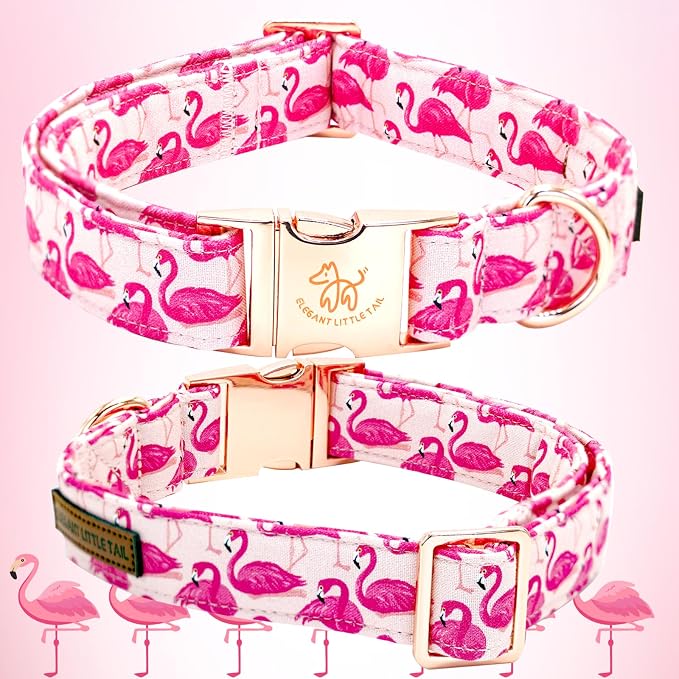 Elegant little tail Dog Collar, Pink Flamingos Dog Collar with Bow Girl Cotton Bowtie Spring Pet Collars Gift Adjustable Pet Collars for Medium Dogs