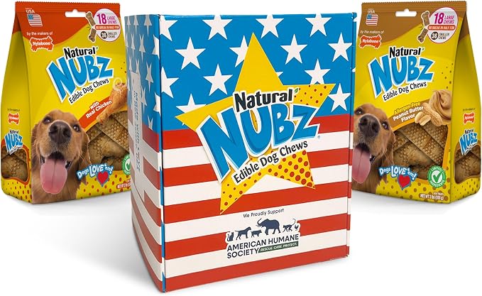 Nylabone Nubz Natural Dog Chew Treats for Large Dogs, Long Lasting Chew Bones Made in the USA, Chicken & Peanut Butter Flavor Dog Treats, for Dogs Over 30 lbs. (36 Count)