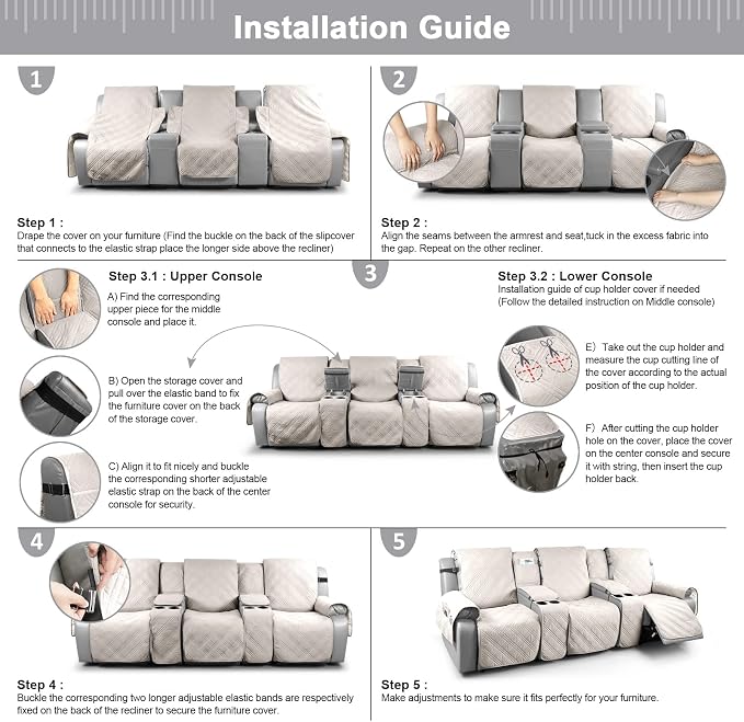 TAOCOCO 100% Waterproof Recliner Couch Covers with Console, Sofa Covers for Reclining Sofa 3 Seat with Straps Design, Split Recliner Sofa Cover Furniture Pets Kids Protector (3 Seater, Cream)