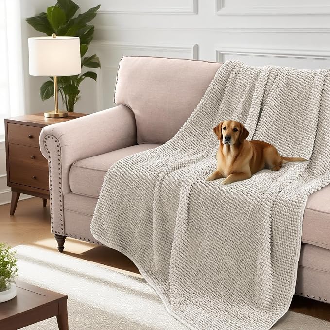 H.VERSAILTEX Plush Chenille Couch Cover for Dogs Pets Blanket for Bed Anti-Slip Soft and Durable Furniture Protector for Small Medium Large Cats Washable (52" x 82", Oatmeal)