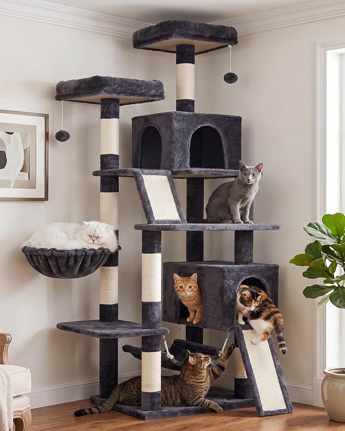 Gitelsnour Cat Tree for Indoor Cats, 71'' (180cm) Multi-Level Cat Tower for Large Adult, Sturdy Cat Tree House with 2 Scratching Boards 7 Posts, 2 Plush Perches/Condos, Hammock, Smoky Gray GCT032G