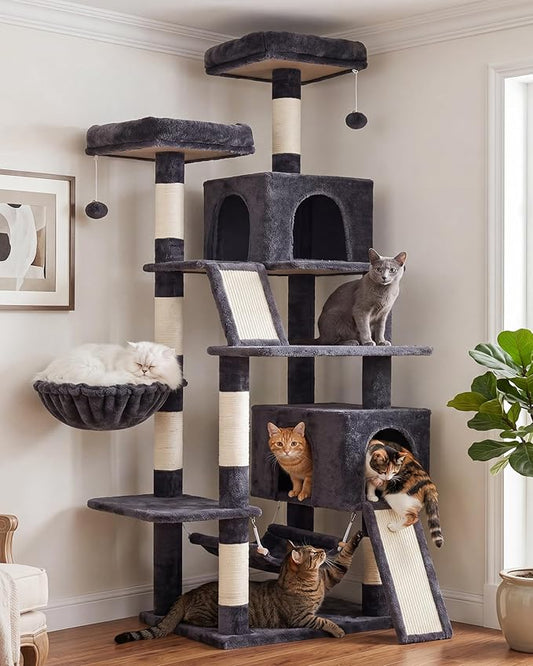 Gitelsnour Cat Tree for Indoor Cats, 71'' (180cm) Multi-Level Cat Tower for Large Adult, Sturdy Cat Tree House with 2 Scratching Boards 7 Posts, 2 Plush Perches/Condos, Hammock, Smoky Gray GCT032G