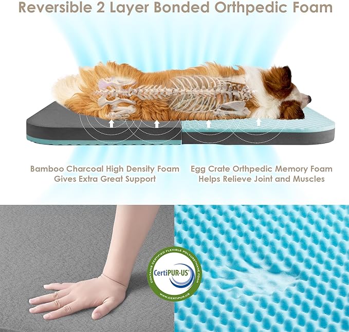 EHEYCIGA Foldable XL Dog Bed, 46"x34"x6.5" Faux Fur Fluffy Pet Couch Bed for Large Dogs, Orthopedic Calming Memory Foam Big Pet Bed, Washable Soft Pet Sofa Bed with Non-Slip Bottom, Grey
