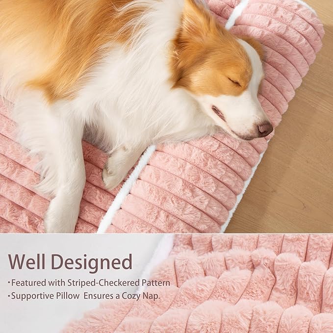 Orthopedic XL Dog Bed Large Sized Dog with Pillow 42''X28'', Waterproof Soft Comfortable Egg Crate Foam Pet Crate Beds Mat with Removable Washable Cover and Non-Slip Bottom, Pink