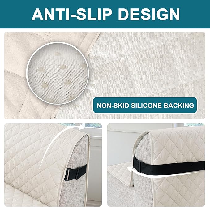 Turquoize 100% Waterproof Futon Cover Futon Slipcover Washable Armless Sofa Bed Slipcover Protector Seat Width Up to 70" with Adjustable Elastic Strap Anti-Slip for Dogs, Ivory