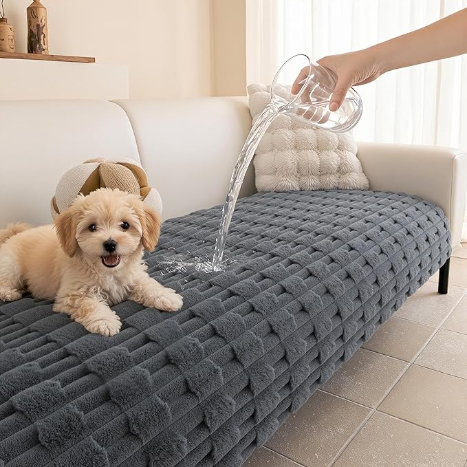 MYSKY HOME 100% Waterproof Couch Cover for Dog, Plush Pet Couch Covers for Sofa Washable, Couch Covers for 3 Cushion Sofa Pet Friendly, Non-Slip Sofa Cover Slipcover Protector, Dark Grey, 35"x83"