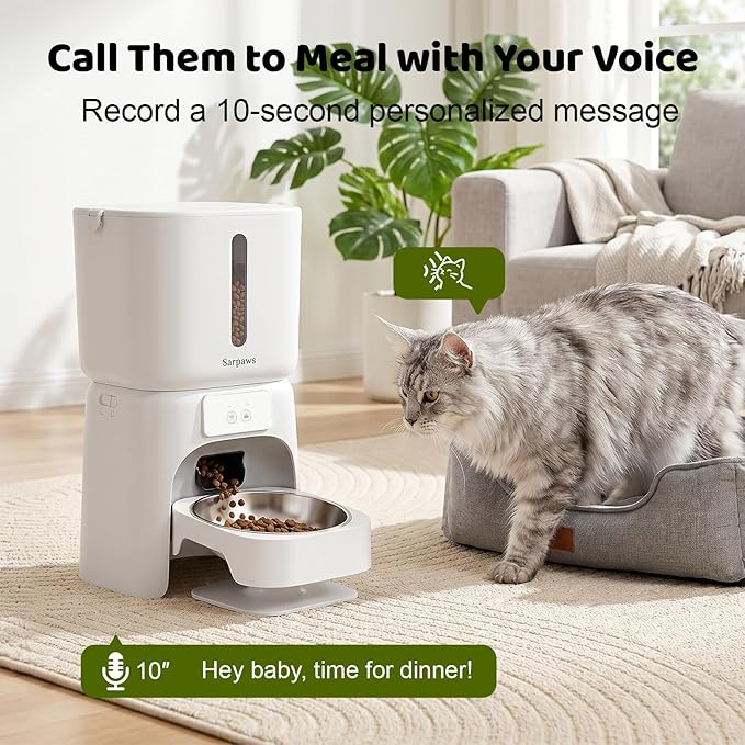 SARPAWS Automatic Cat Feeder, 6L WiFi Smart Pet Food Dispenser with App Control, Elevated 5° Slanted Stainless Steel Bowl, Timed Feeding for Cats and Dogs, Voice Recorder, Dual Power Supply