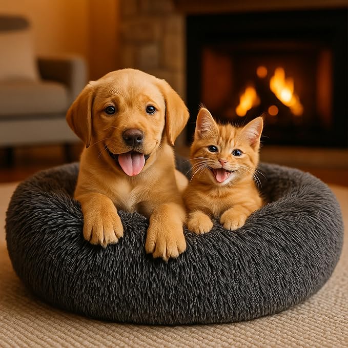 Calming Dog Bed - Fluffy Donut Cuddler for Anxiety Relief, Orthopedic Pet Bed with Non-Slip Bottom, Cozy Round Faux Fur Nest for Dogs and Cats, Plush Crate Mat for Comfort (Dark Grey, Small)