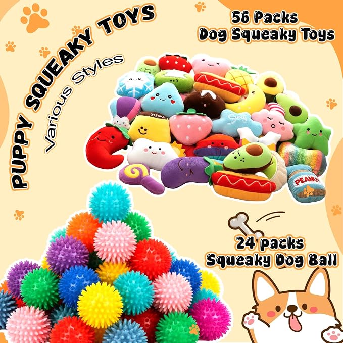 Hungdao 80 Pcs Dog Squeaky Toys Bulk for Small Dog Cute Plush Stuffed Puppy Chew Teething Ball Toys Pet Bundle Easter Gift for Chewing Cleaning & Interactive Play(Fashion Style)