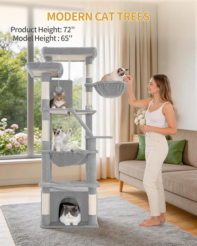 Hzuaneri Large Cat Tree, 72 Inch Tall Indoor Cat Tower for 6 Large Cats, Corner Climbing Activity Pet Condo with 2 Large Platforms/2 Cats House/6 Scratching Post/1 Hanging Basket, Light Gray MS18318LG