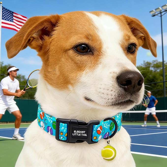 Elegant Little Tail Dog Collar, Cotton Tennis Pattern Soft Pet Collars with Pendant Male Sturdy Adjustable Pet Collar for Small Medium Large Dogs