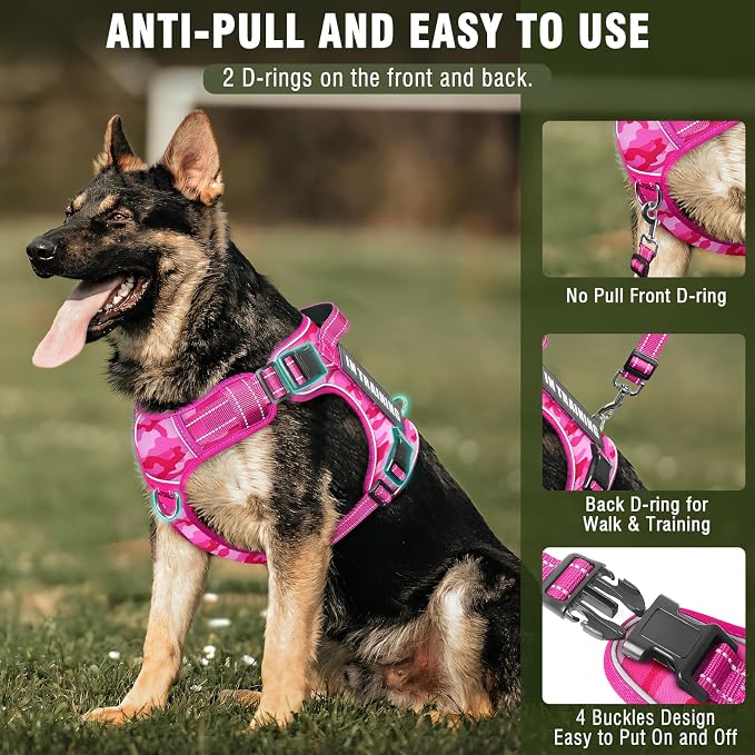 Tactical Service Dog Vest and Leash Set,Heavy Duty No Pull Dog Harness and 10 Patches with Dog Seat Belt for Large Dogs,Reflective Pet Harness for Training Walking Hiking Camo Pink L