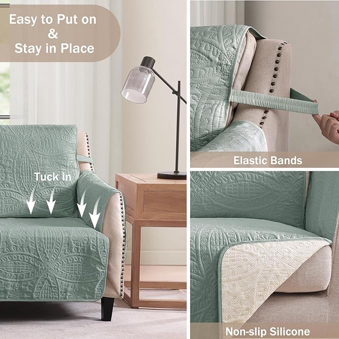 Sage Blue Loveseat Covers for 2 Cushion Couch, Water Repellent Slip Covers for Sofa, Washable Love Seat Quilted Couch Covers, Pet Friendly Loveseat Slipcovers (Loveseat 48", Sage Blue)