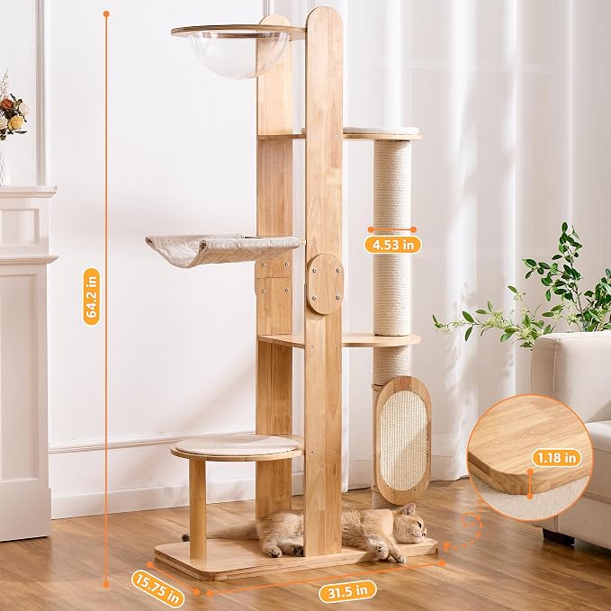 HITTITE Solid Wood Cat Tree Tower with Scratching Post, 64 Inches Tall Cat Towers with Scratching Board, Modern Cat Tower with Space Capsule and Removable Top Bed for Indoor Cats