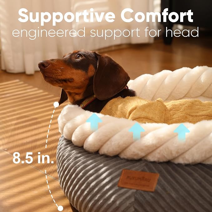 FUKUMARU Dog Bed, 25in Large Round Cat Beds, Plush Faux Fur&Corduroy Cat Beds, Cute Round Washable Pet Bed for Large Cats and Small Dogs, Cat Cave with Anti-Slip Bottom, 25inch, Grey