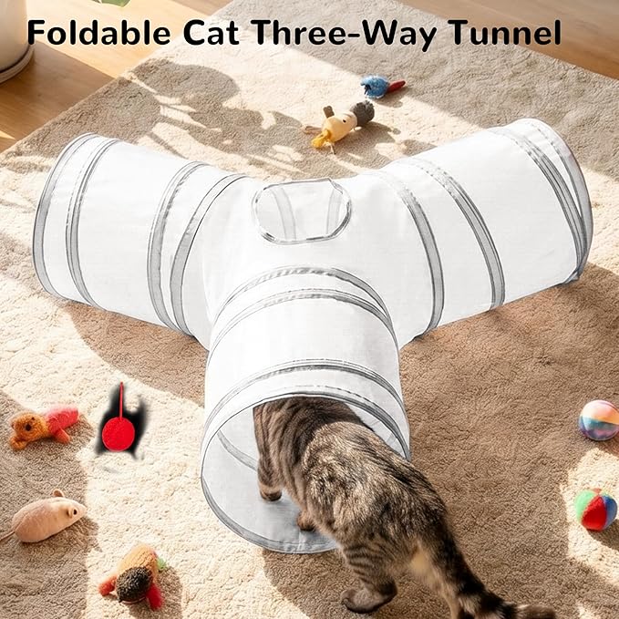 Tempcore Cat Tunnel for Indoor Cats, 3 Way Collapsible Pet Play Tunnel with Teaser Wand, Peek Holes & Hanging Ball, Interactive Tube for Kittens & Rabbits, White & Light Grey