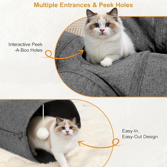 Ownpets Cat Tunnel 12 Inches in Diameter Larger Pet Tunnel Tube with Plush Ball & Feather Toy, U-Shaped Cat Play Tunnel for Big Cat, Puppy and Rabbits