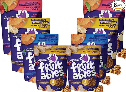 Fruitables Baked Dog Treats Variety Pack of 8 (Pumpkin & Apple, Banana, Blueberry, Cranberry - 7 oz (8 Pack)