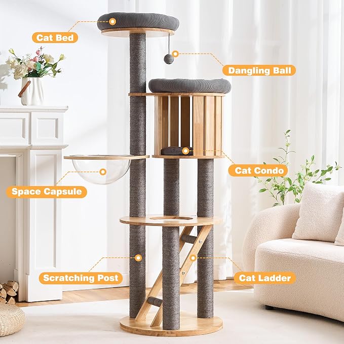 HITTITE Solid Wood Cat Tree Tower with Scratching Post, 61 Inches Tall Cat Towers with Capsule and Condo, Modern Cat Tower with Hammock and Removable Top Bed for Indoor Cats.Grey