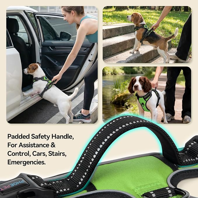 PHOEPET Reflective Dog Harness No Pull Large Breed Vest with 2 Metal Leash Attachment Hooks(L, Green)