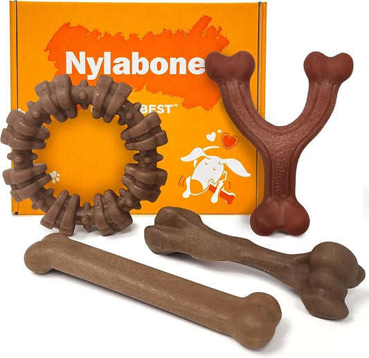 Nylabone Strong Chew Dog Toy 4-Pack Made with Real Bacon, Bison, Venison, Beef, & Chicken, Durable Chew Toys for Aggressive Chewers, Long Lasting Dog Bone, Large Breeds - Up to 50 lbs, 4 Count