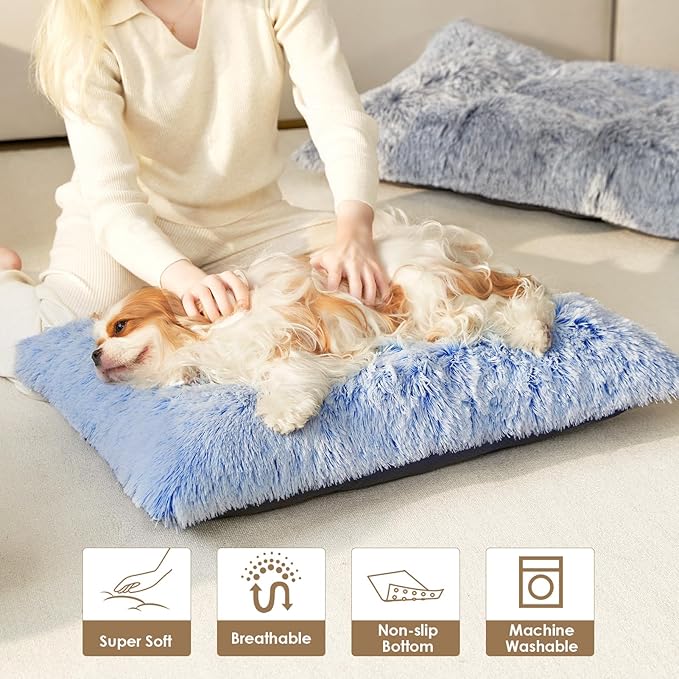 EHEYCIGA Fluffy XXL Dog Crate Pad, Plush Faux Fur Crate Bed for Extra Large Dogs, Calming Anti Anxiety XXL Dog Bed, Washable Warm Mat with Non-Slip Bottom, Blue
