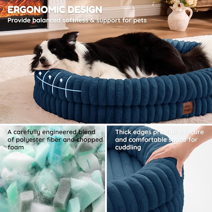 ChiXnuggle Orthopedic Dog Bed for XL Dogs, Waterproof Faux Rabbit Fur Dog Couch with Egg Crate Foam Support and Washable Removable Cover, Bolster Pet Sofa with Non-Slip Bottom, 41x30x7, Navy