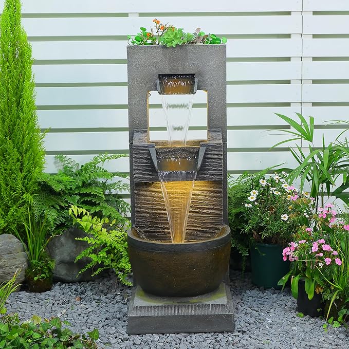 Sunlinua 39H Modern Outdoor Water Fountain with LED Light Garden Cascading Waterfall Feature for Indoor or Outdoor Cascading Waterfall for Relaxing Garden Patio Backyard Deck Porch or Home Décor