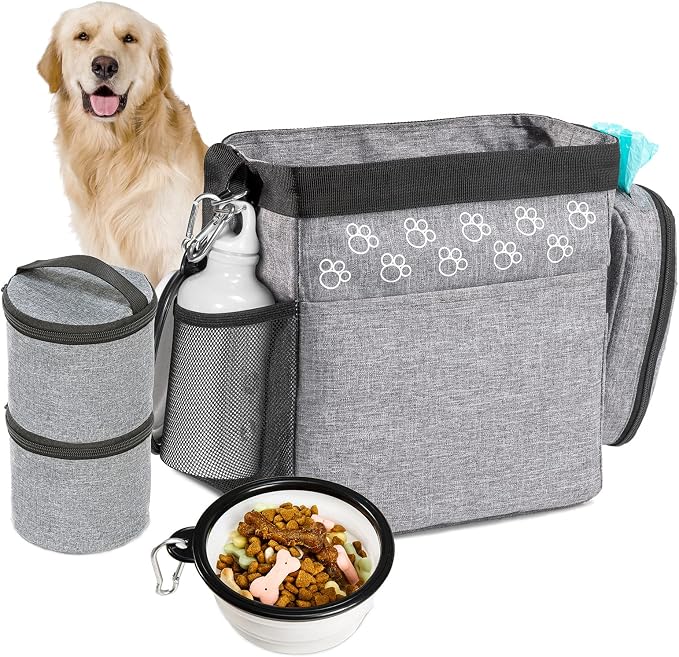 Dog Travel Bag with Treat Pouch, Airline Approved, 2 Food Containers, 2 Bowls，Grey，Small