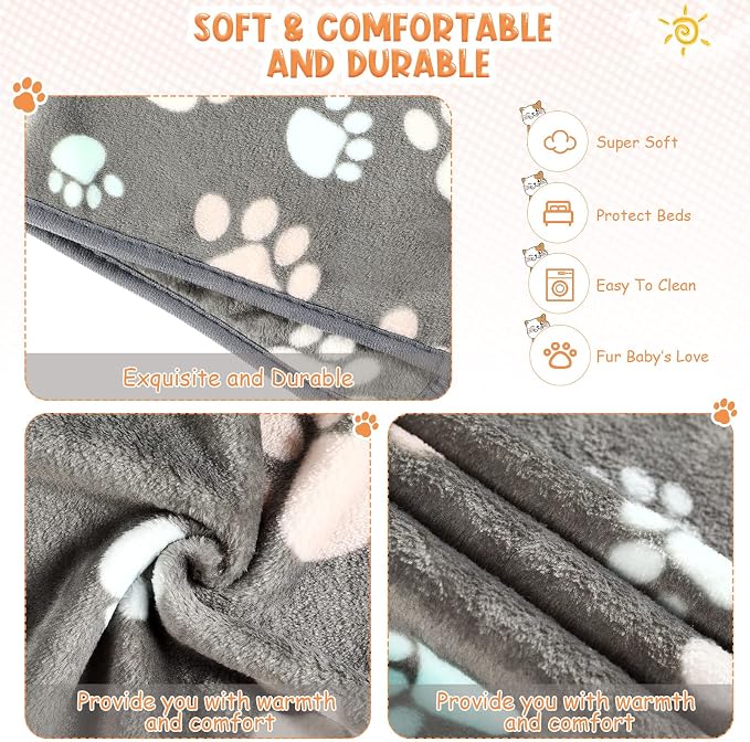 Tatuo 4 Pack Fleece Dog Blankets for Puppy Cats Multi-Size Sleep Mat for Pet Guinea Pig Soft Washable Warm Crate Bed Puppy Teething Toys Print Pattern Blanket Indoor(Dark Gray,41 x 30 Inch,Paw)