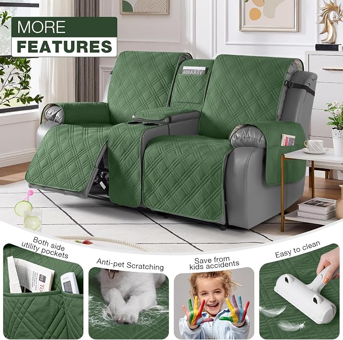 TAOCOCO Loveseat Recliner Cover with Center Console, 100% Waterproof Pet Cover for Dual Recliner with Straps Design, Split Reclining Loveseat Covers Furniture Pet&Kids Protector (2 Seater, Vine Green)