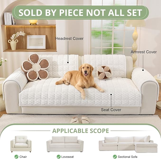 OstepDecor Couch Cover for Dogs, Washable Non Slip Sofa Cover for Pets, Soft Couch Covers for Sofa, Loveseat and Sectional, Furniture Protector Against Pet Hair & Scratches (35.4" x 63", White)